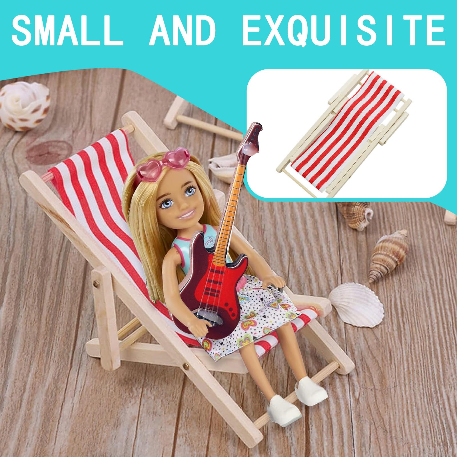 JCUGSBS – 3 Mini Chaises Pliantes En Bois, Guitare Et Panier De Plage Pour Maison De Poupée, échelle 1:12, Déco Mini-jardin