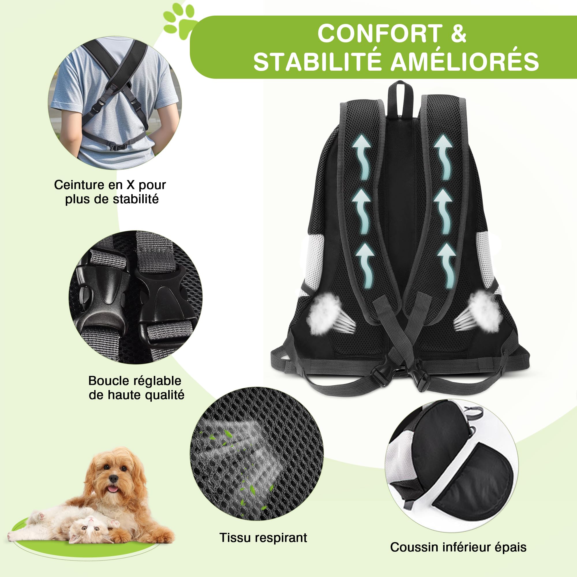 ALLSOPETS Sac à Dos Chien, Sac Transport Chiens et Chats, Noir Charbon, L | Porte-Chien Réglable et Respirant avec Design Confortable, Idéal pour Vélo, Moto, Randonnée et Voyages en Plein Air