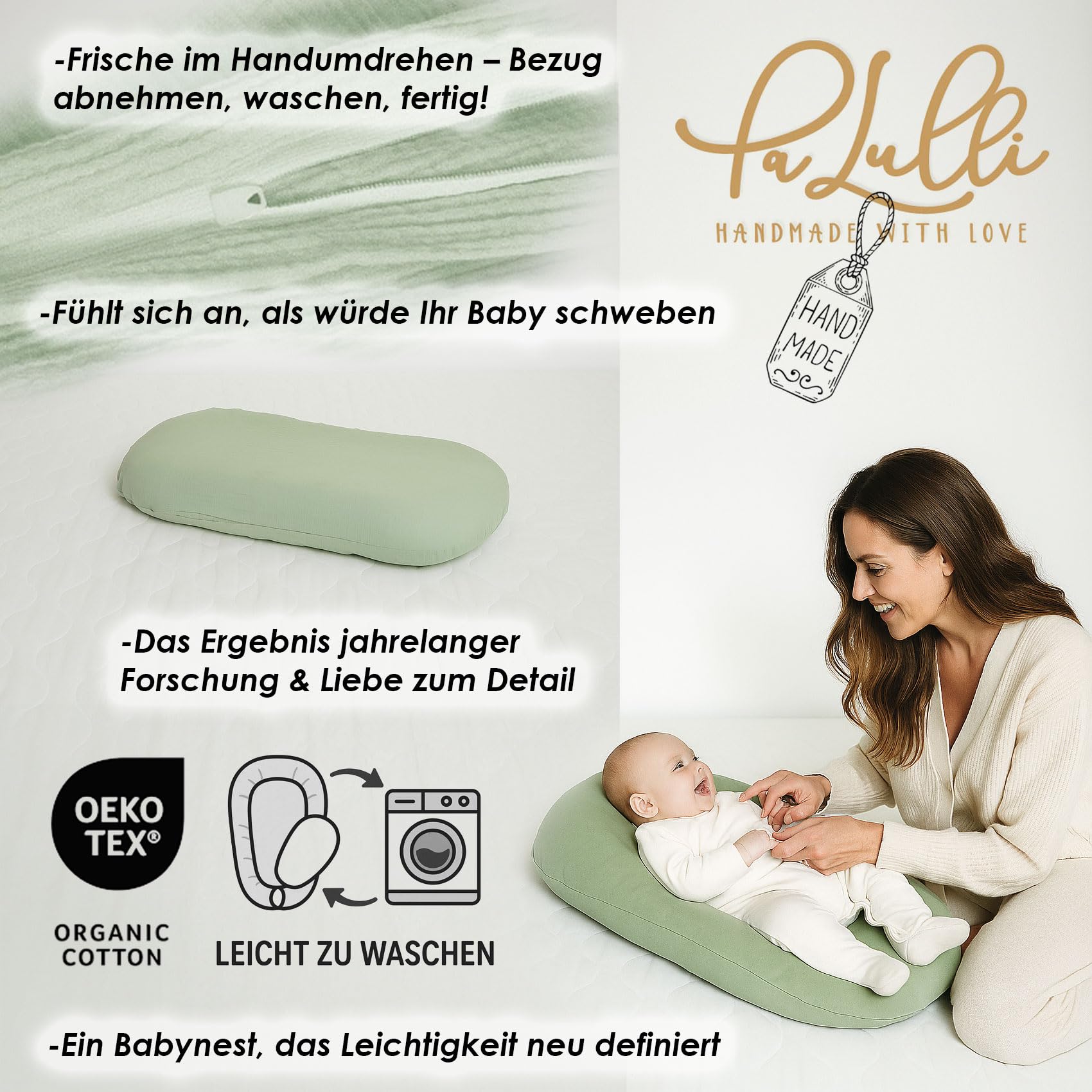 PaLulli® LuliNest – Nido de bebé de algodón orgánico con funda extraíble | Capullo acogedor para recién nacidos y bebés | Seguro, cómodo y fácil de limpiar