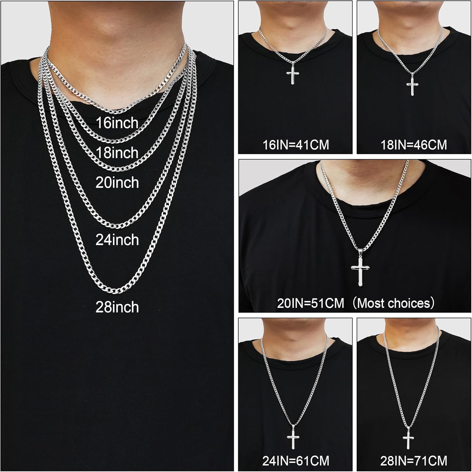 925 Sterling Silver Cross Necklace for Men, 18k Gold Over Real Silver Cross Pendant Necklace with 4.5MM Durable Stainless Steel Cuban Link Curb Chain Shiny Cross Necklaces 16-28 Inches(White Gold, 16 in=41 cm) - Image 5