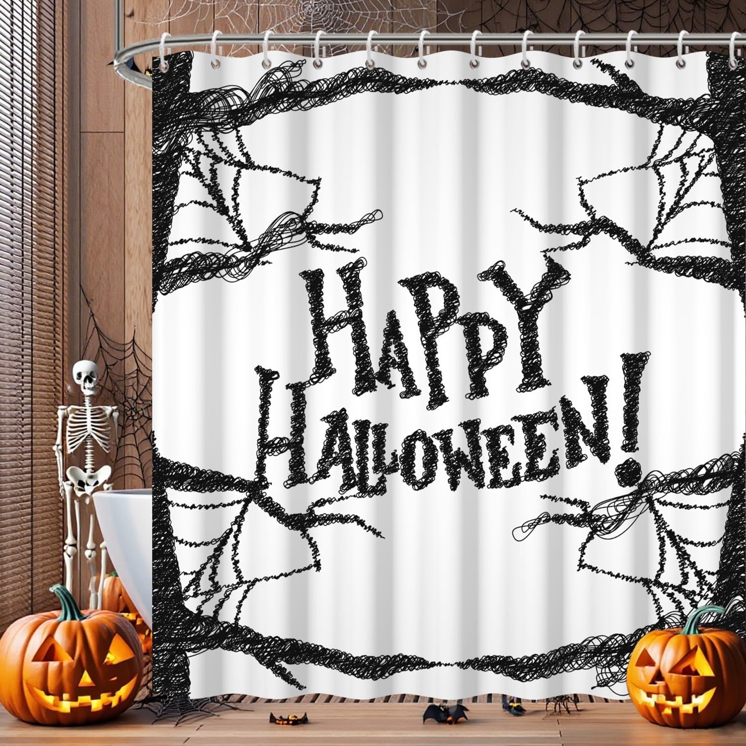 Halloween Shower Curtain, Happy Halloween Decoration Shower Curtain Set 65x72inches with Hooks Spooky Black Trees Spider Web Waterproof Fabric Shower Curtains for Bathroom
