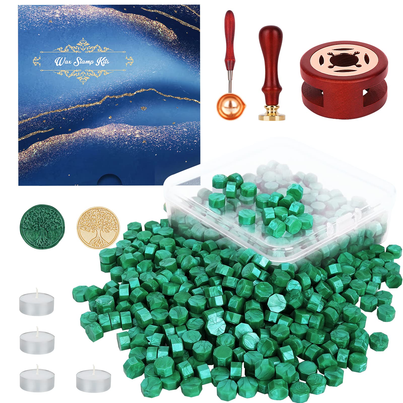 Yagugu Green Wax Seal Kit, 357pcs with Wax Beads, Stamp, Warmer, Spoon, Candles, for Envelopes, Letters, Crafts — image 1