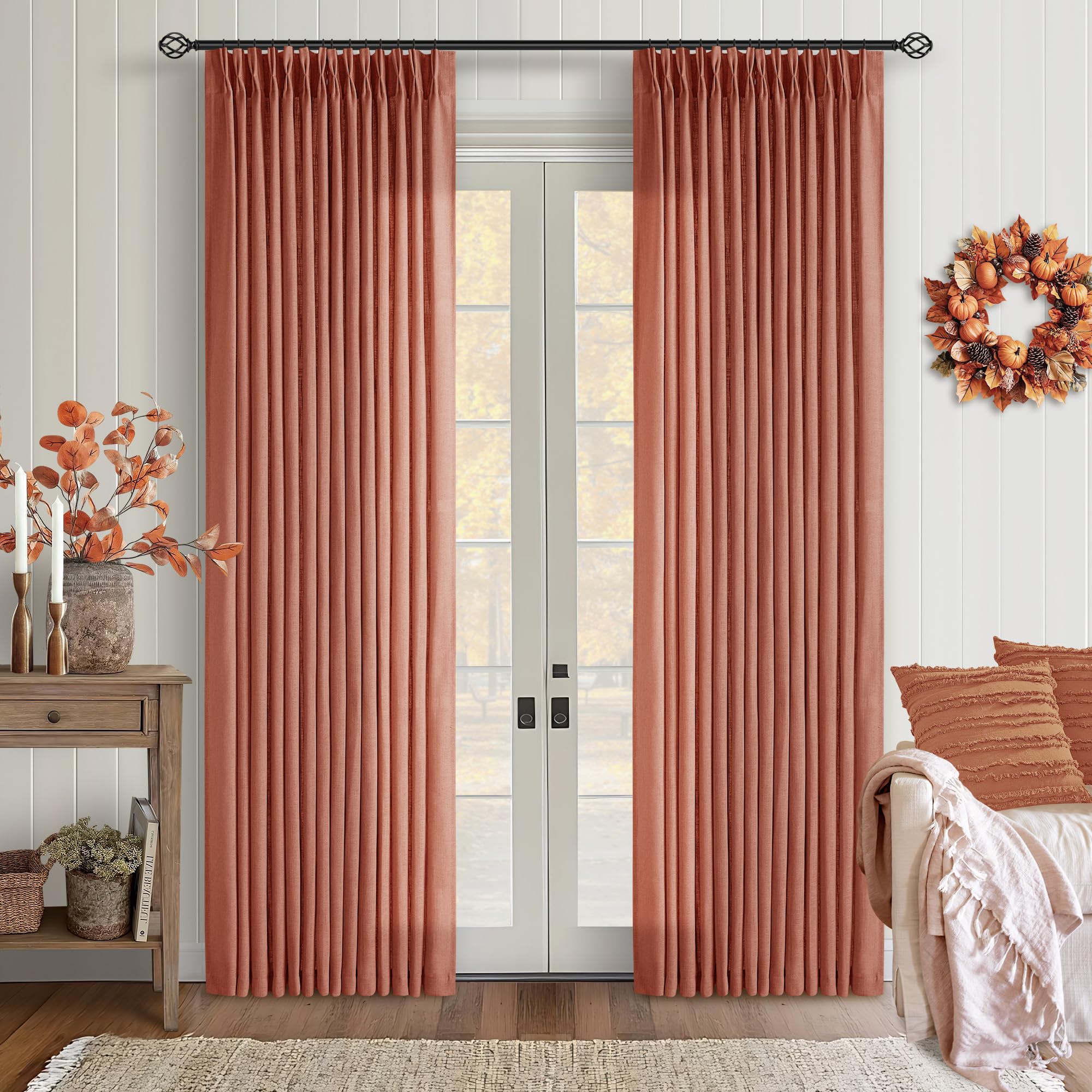 Pinch Pleated Terracotta Linen Curtains 84 Inches Long 2 Panels Firebrick