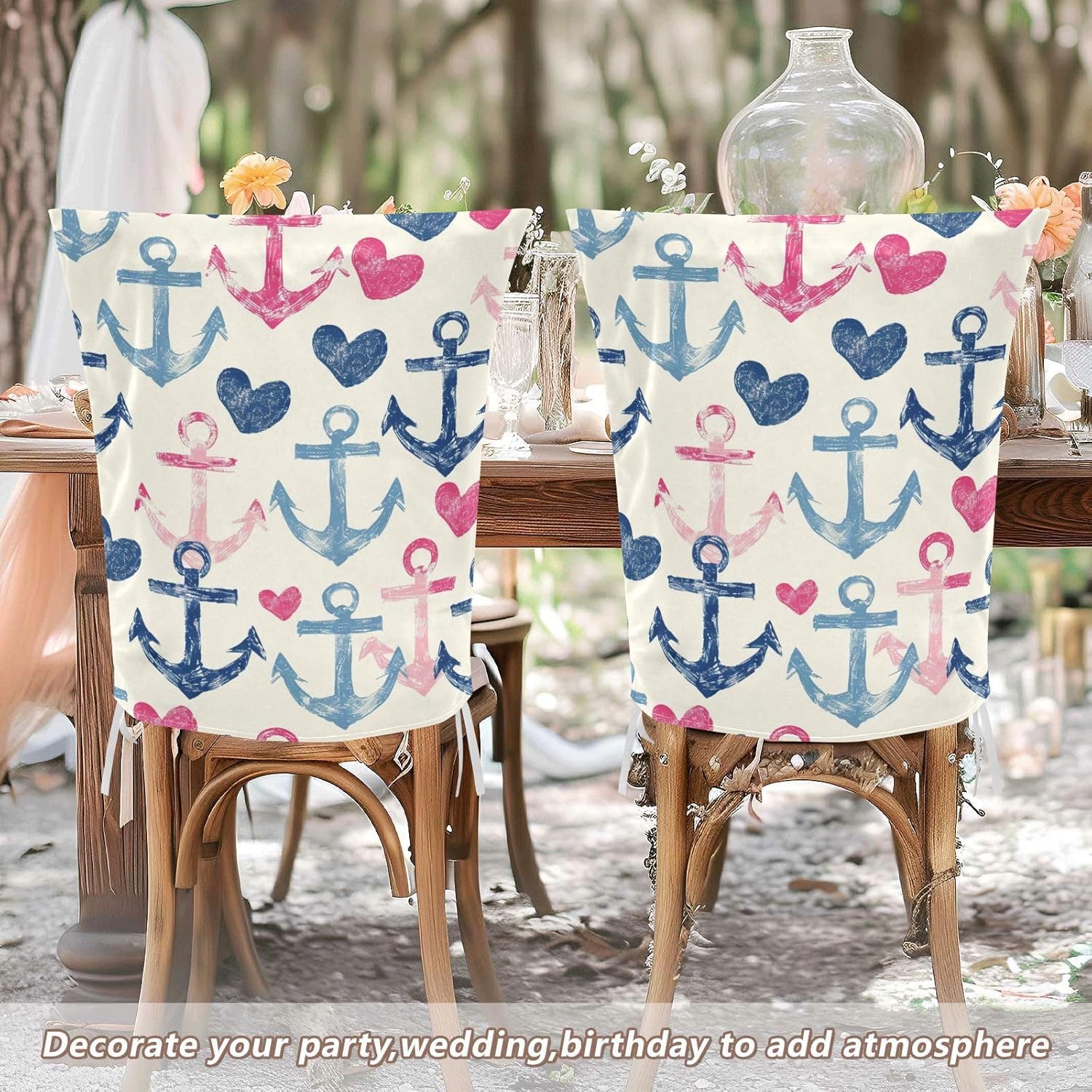 ALAZA Anchor Hearts Chair Back Cover Set of 6, Washable Reusable Removable Chair Slipcovers Decorative Chair Cover for Home Kitchen Wedding Party