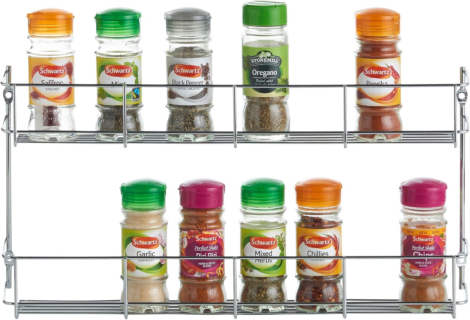 VonShef 2 Tier Spice Rack Chrome Plated (Easy Fix) For Herbs and Spices Suitable for Wall Mount or Inside Cupboard
