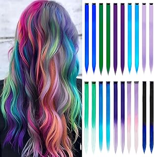 20 Pcs Colored Hair Extensions, 22 Inch Clip in Hair Extensions for Women Girls and Kids, Multi-colors Party Highlights Clip in Hair Extensions Human Hair (10 Colors）