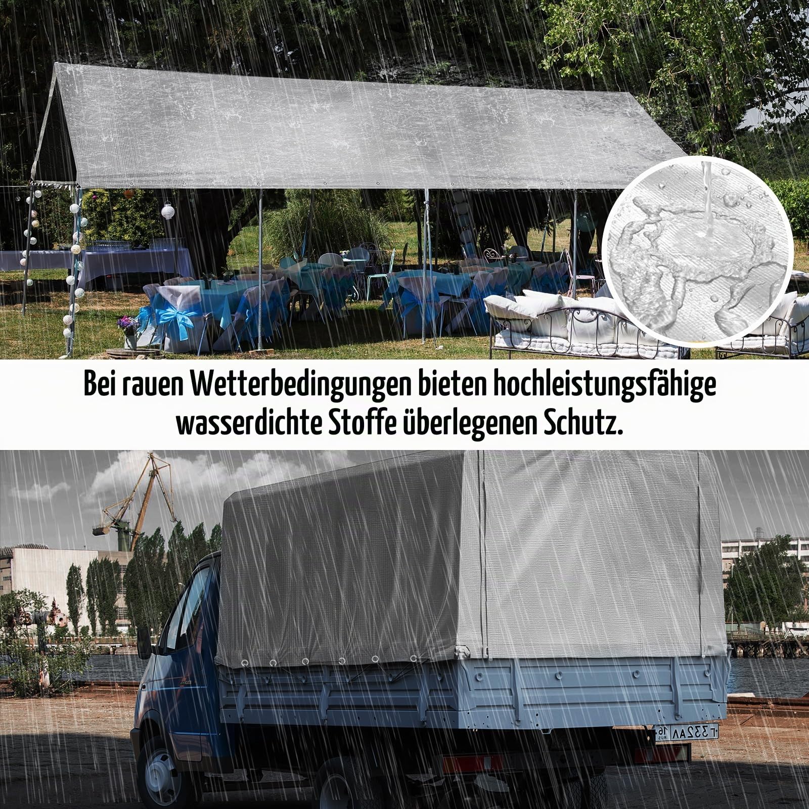 Abdeckplane mit ösen 260g/m² Zelt wasserdicht Schutz Gewebe Plane Allzweck Reißfest langhaltig UV-stabilisiert für Gartenmöbel Trampolin Dach Auto LKW Holz Boot sandkasten (Silber-schwarz, 4m X 8m)