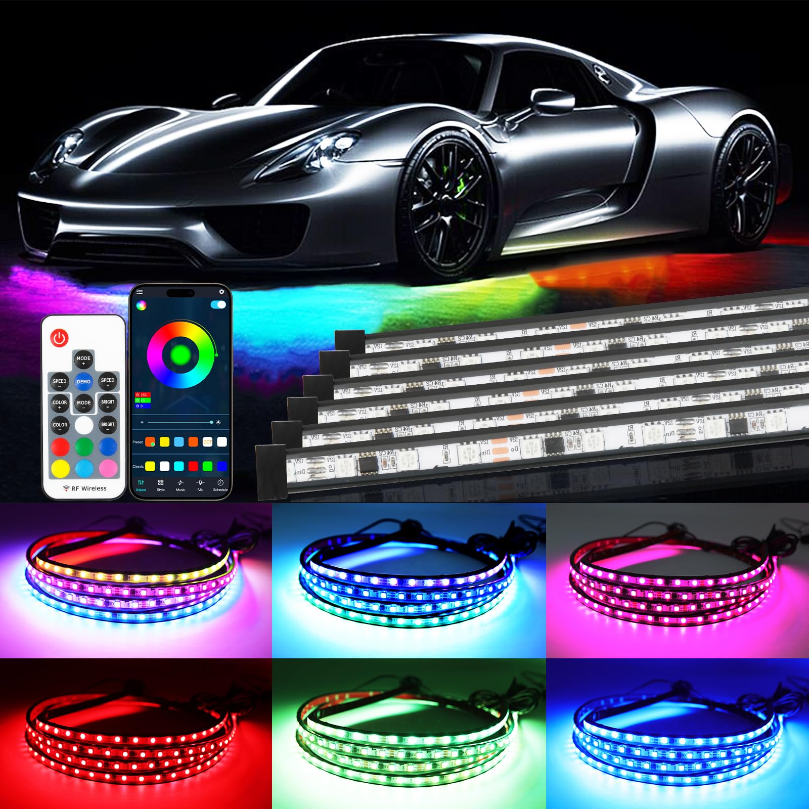 Car Underglow Neon Accent Strip Lights, 6PCS RGB LED Under Glow Light Kit for Car,Waterproof Exterior Car Light Strips for Van SUV Truck,with APP & RF Remote Control,DC 12V