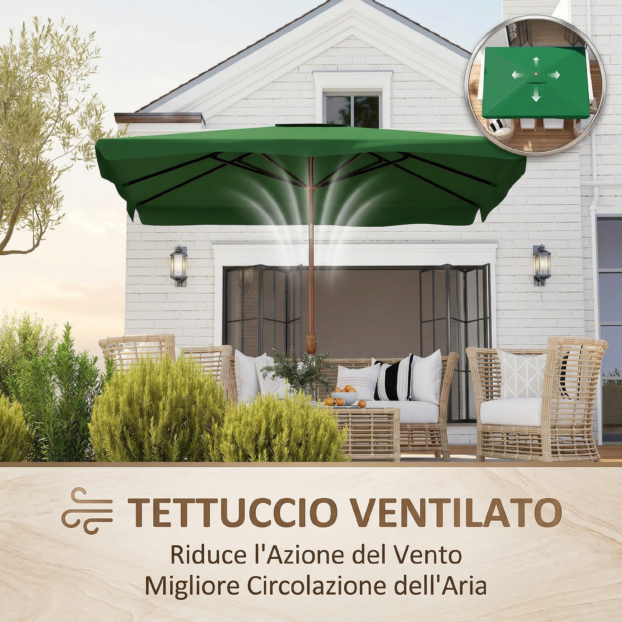 Outsunny Ombrellone da Giardino 2x3 m Inclinabile con Apertura a Manovella, Presa d'Aria e Bordo a Balze, Ombrellone da Esterno Rettangolare Anti UV 50+ in Alluminio e Poliestere 180 g/㎡