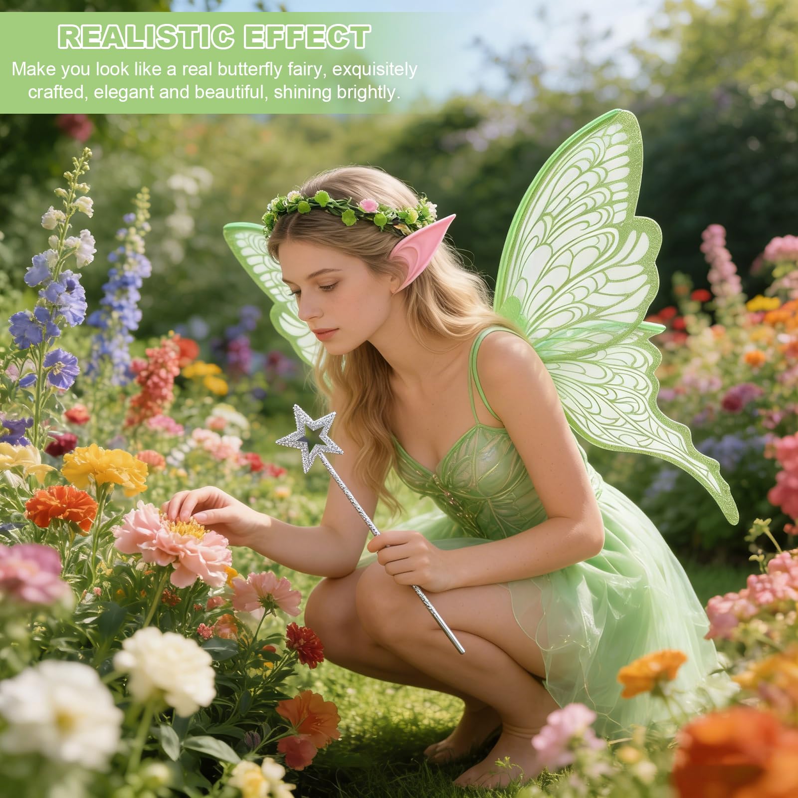 Fairy Wings Costume Set, 4-Piece Tinkerbell Style Outfit with Butterfly Wings, Elf Ears - Image 4