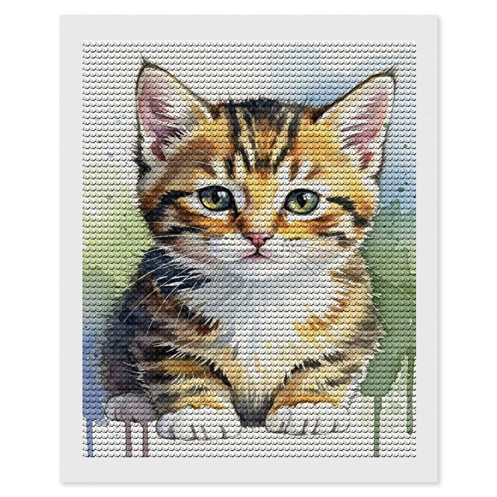 Junmoney Watercolor Kitten Portrait Crystal Diamond Art Kit 16"x20", Round Gems, Detailed Printed Canvas, Creative Gift Idea, Vintage Style Decor