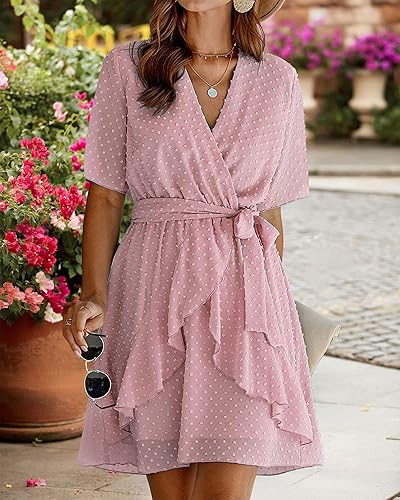 Miniatura 3 de BTFBM - Vestido corto de verano 2023 con cuello en V para mujer, manga corta, cintura alta, dobladillo con volantes, falso cruce