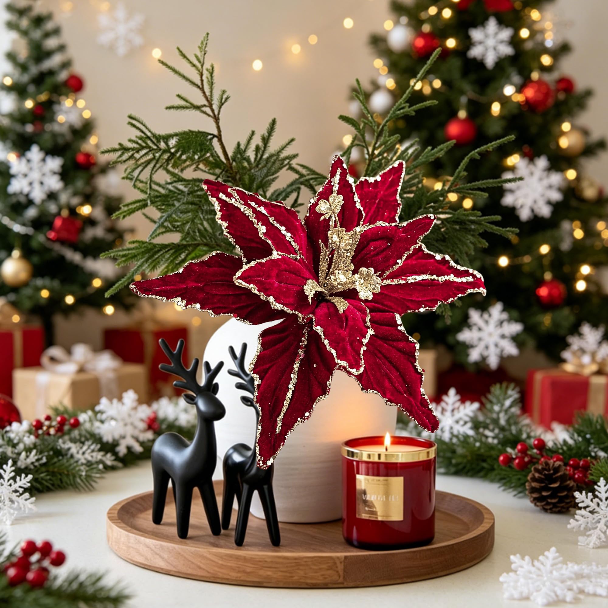 WANDIC 8X künstliche Weihnachtsblumen – Poinsettia 28cm | 8 künstliche Weihnachtsstern-Blumen mit Glitzer (28cm). Ideal als Baumschmuck, Kranzdeko oder Tischdekoration.