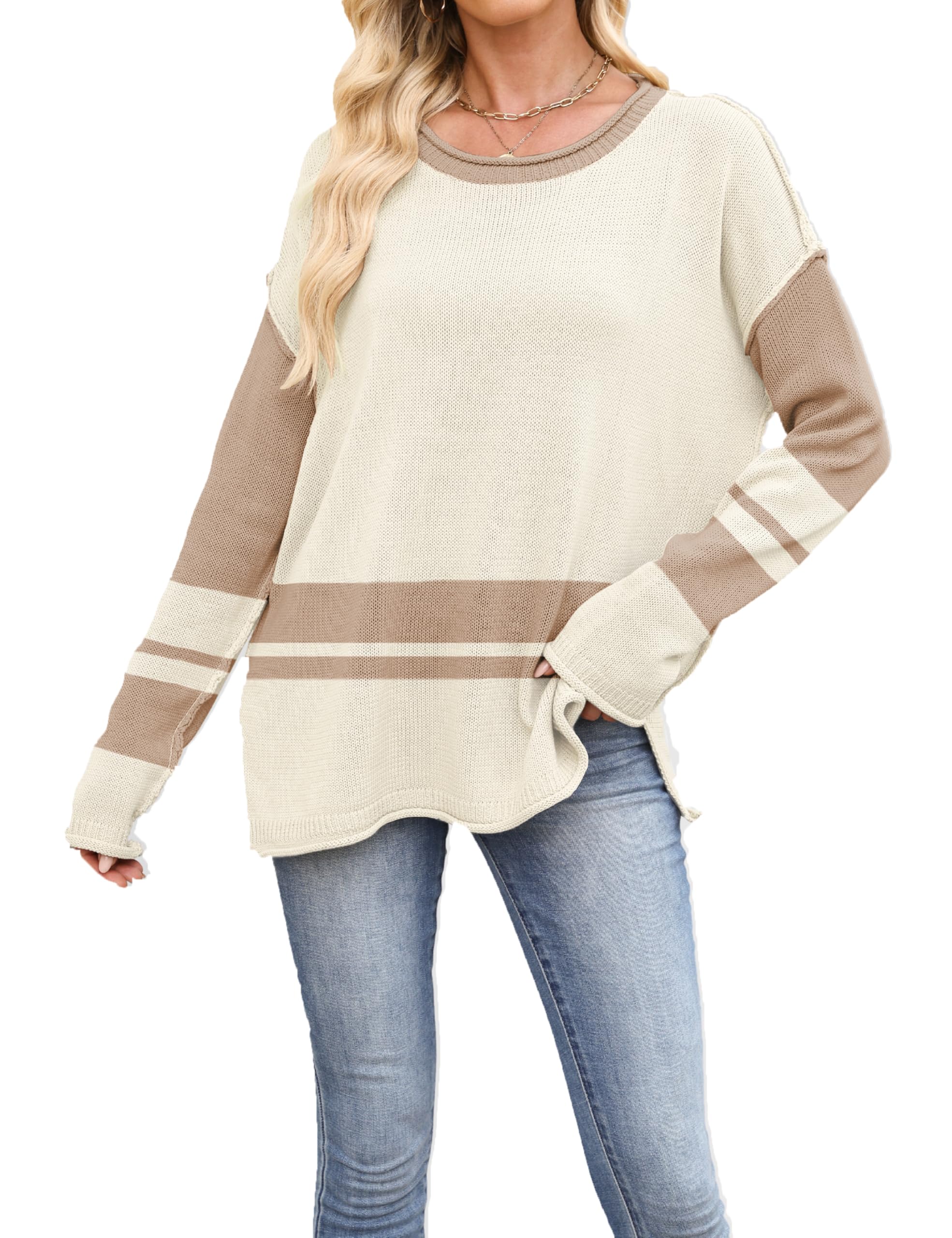Zontroldy Sweaters Fall Trendy Casual Color Block Long Sleeve Side Slit Stripe Knitted Pullover Sweater Shirts Tops
