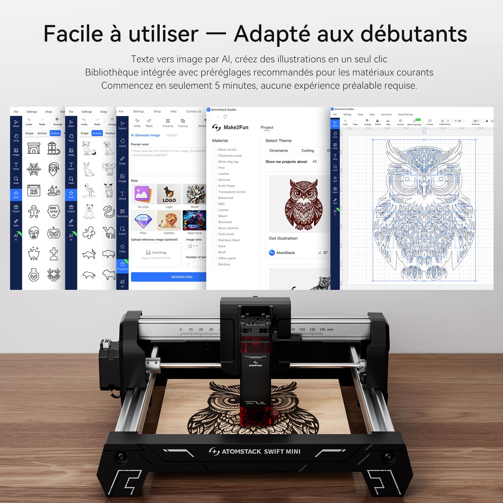 ATOMSTACK SWIFT MINI 3W Machine de Gravure Laser Modèle d'entrée de Gamme Entièrement Préinstallé Graveur Laser DIY Surface de Gravure 145×135mm Précision de 0,04 mm pour Bois, Artisanat 3000 mW