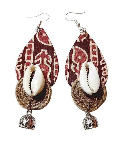 Silver Oxidized Jhumkas Ajrak Fabric Kori Maroon Color Jute Dangle Earrings for Women and Girls
