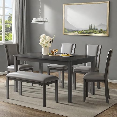 Juego de mesa de comedor Trygoal para 6, juego de mesa de comedor de 6 piezas estilo granja con mesa rectangular, 4 sillas tapizadas con respaldo y