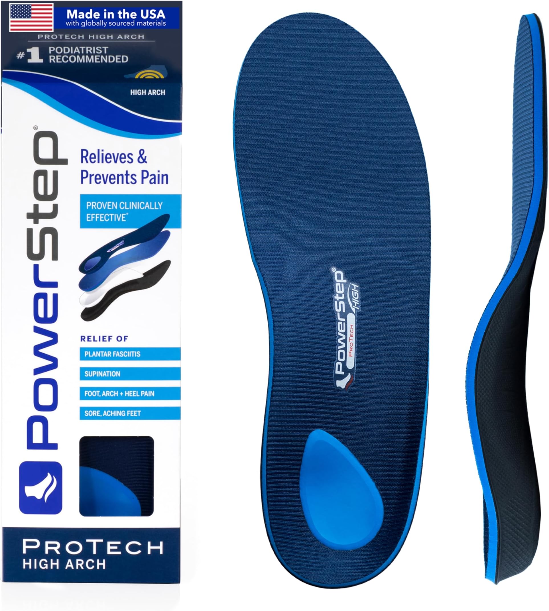 ProTech Full Length High Orthotic Insoles - Medical Grade High Arch Support Inserts for Plantar Fasciitis Relief- Made in USA - Maximum Cushioning for Supination (M 10-10.5 W 12)