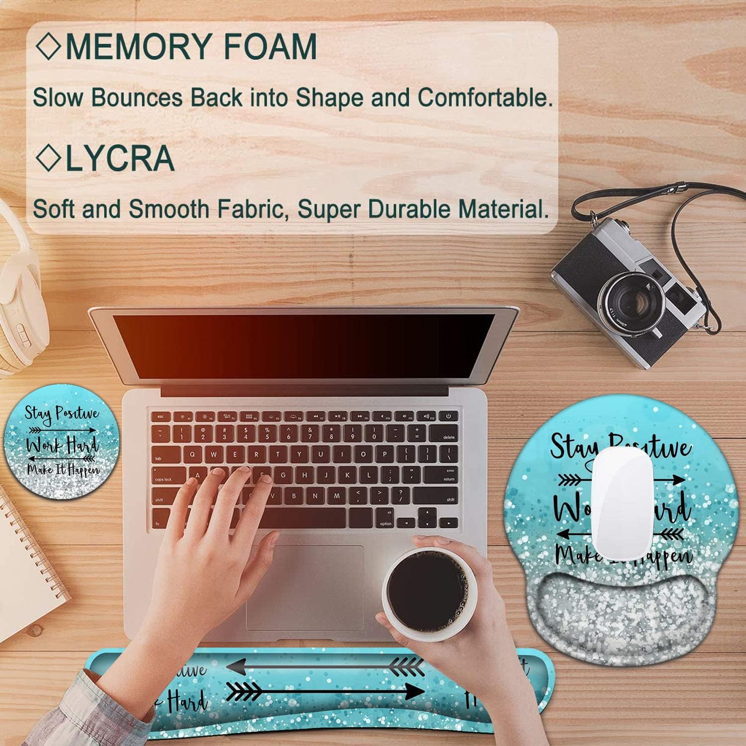 Keyboard Wrist Rest and Mouse Pad with Wrist Support, Ergonomic Mouse Pad Coaster,Easy Typing Pain Relief,Keyboard Mousepad Set,Stay Positive Work Hard and Make It Happen Blue Glitter