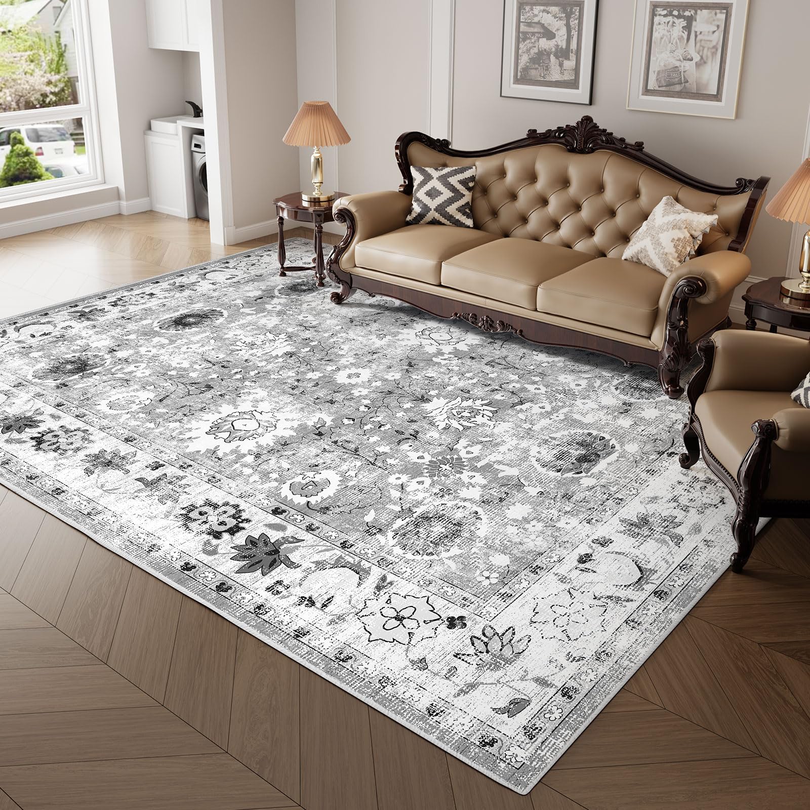 IKALIFE Alfombra Lavable Salon Vintage - Alfombra Pelo Corto Alfombra Sala Alfombras de Salon Antideslizante Grande para Habitacion Comedor Dormitorio 160x230 cm Gris