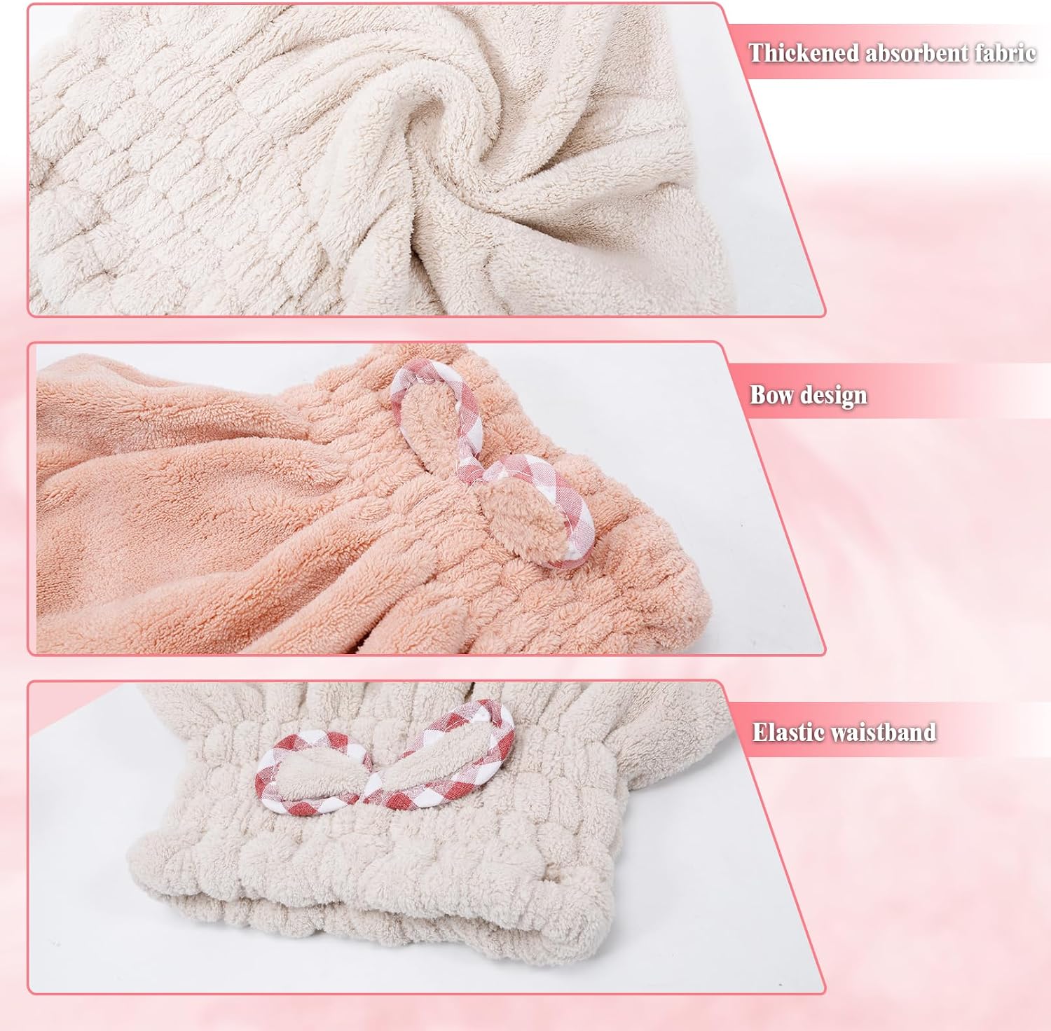 2 Pack Microfiber Coral Fleece Hair Towels, Quick Dry Absorbent Hair Drying Caps, Soft Lightweight Turbans for Bath Spa Shower, 9.8x11.8 inch, Coral Pink & Khaki