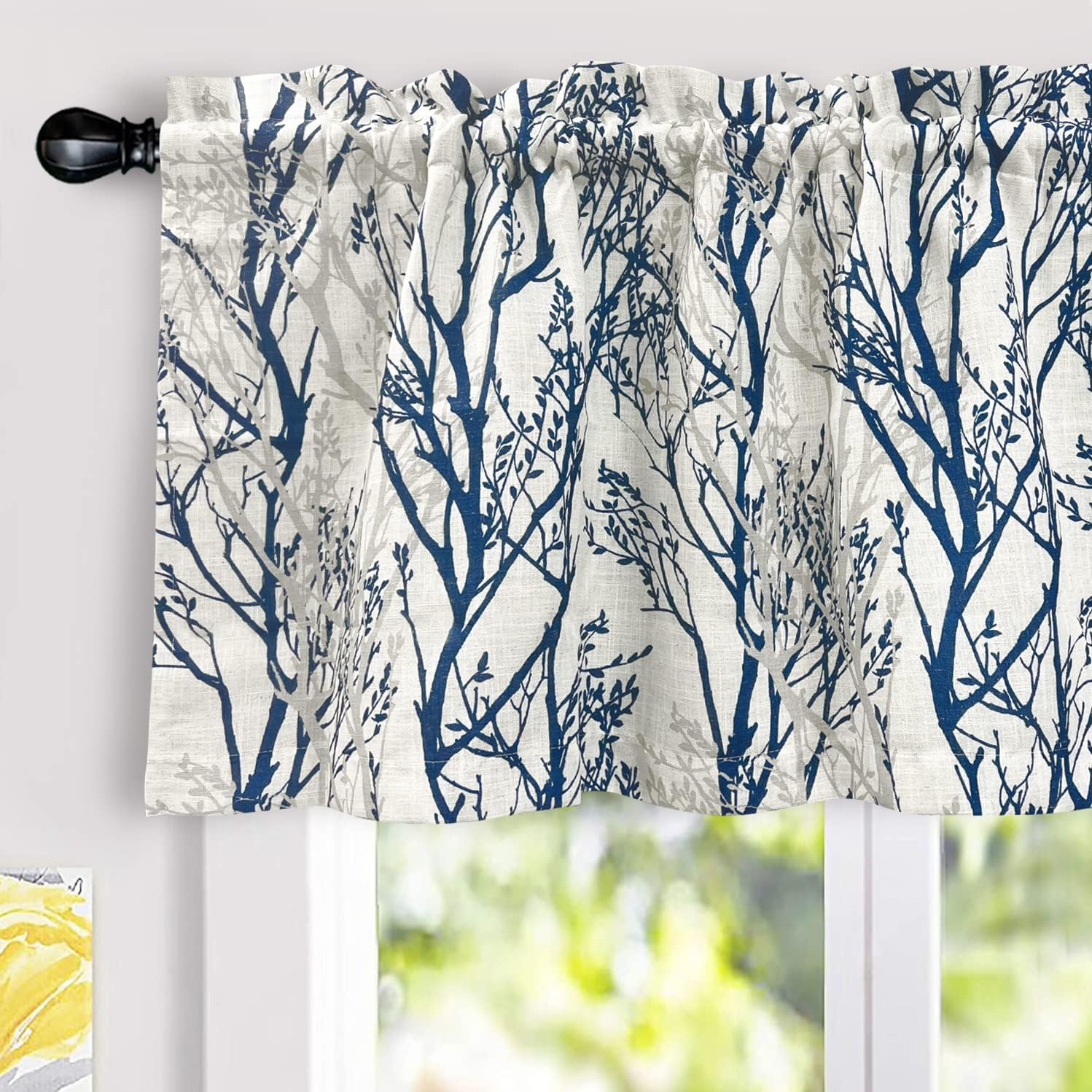 DriftAway Tree Branch Linen Lined Valance Double Layer Thermal Insulated Room Darkening Blackout Valances 3 Inch Rod Pocket Short Window Valance for Living Room Bathroom 52 Inch by 24 Inch Blue