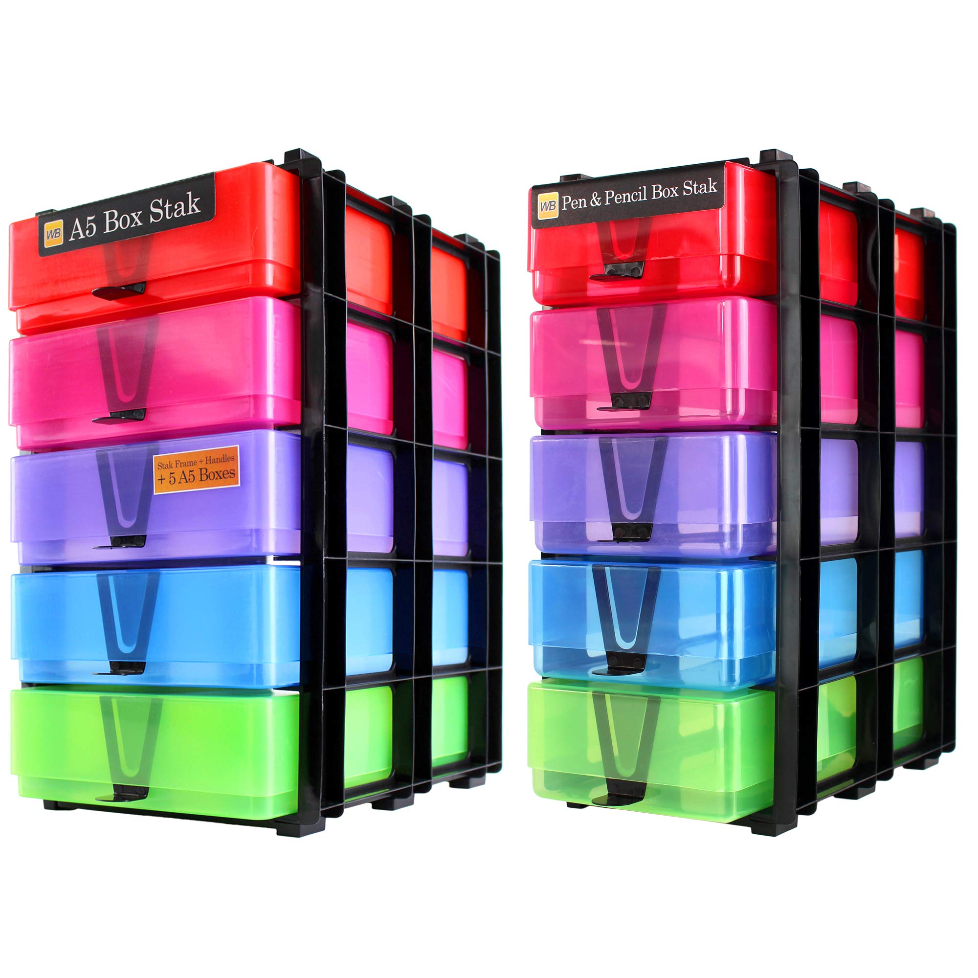 WestonBoxes 2 Stak Storage Pack, Includes A5 Paper Storage Boxes, Pen & Pencil Storage Boxes, Stak Frames and Box Handles, Fits IKEA KALLAX (Multicolour)