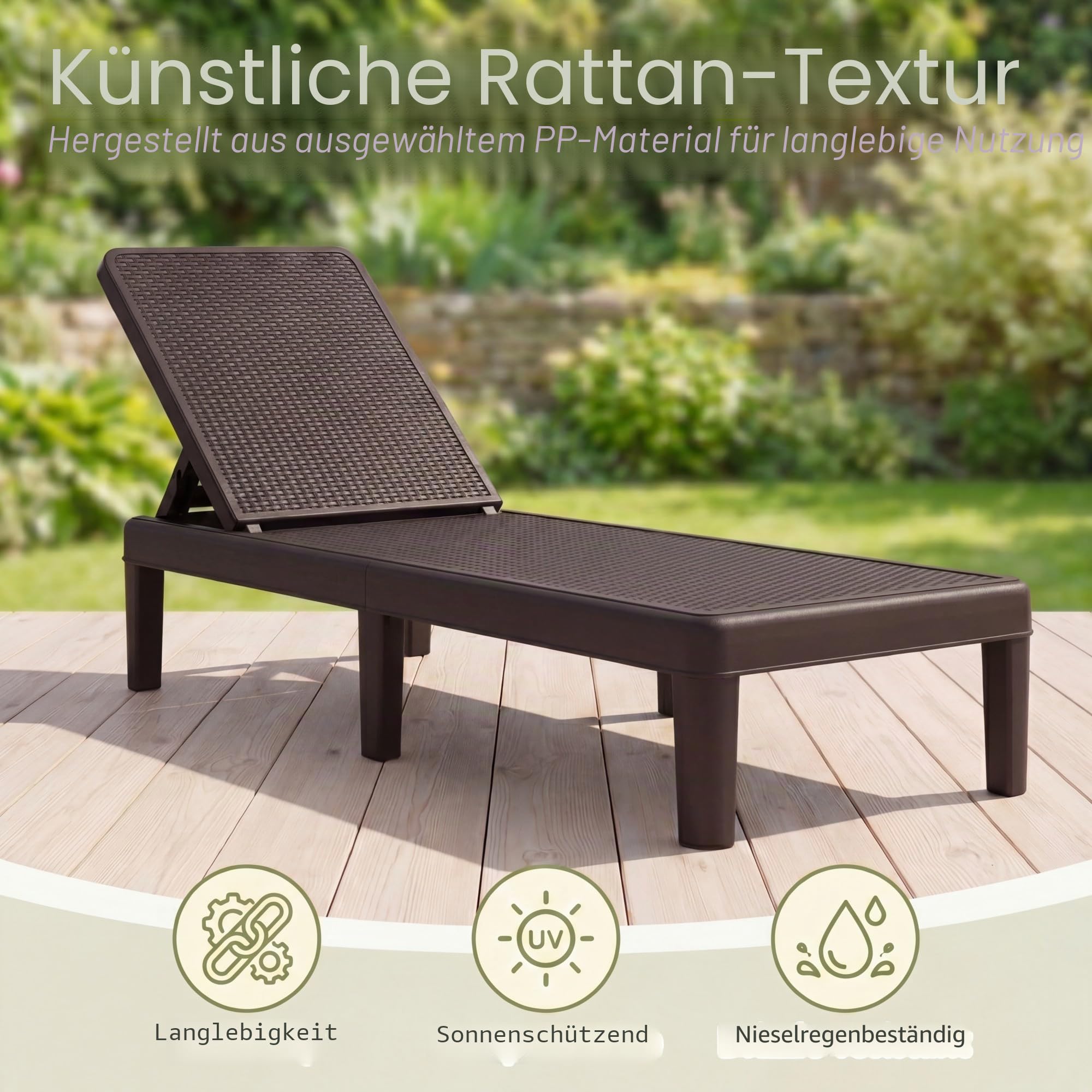 LIFEZEAL Sonnenliege Rattan, Gartenliege mit 4-Fach Verstellbarer Rücklehne, Liegestuhl Relaxliege mit Rattan-Optik, Strandliege bis zu 150 kg, Lounge Sessel Outdoor für Balkon, Garten (Braun)