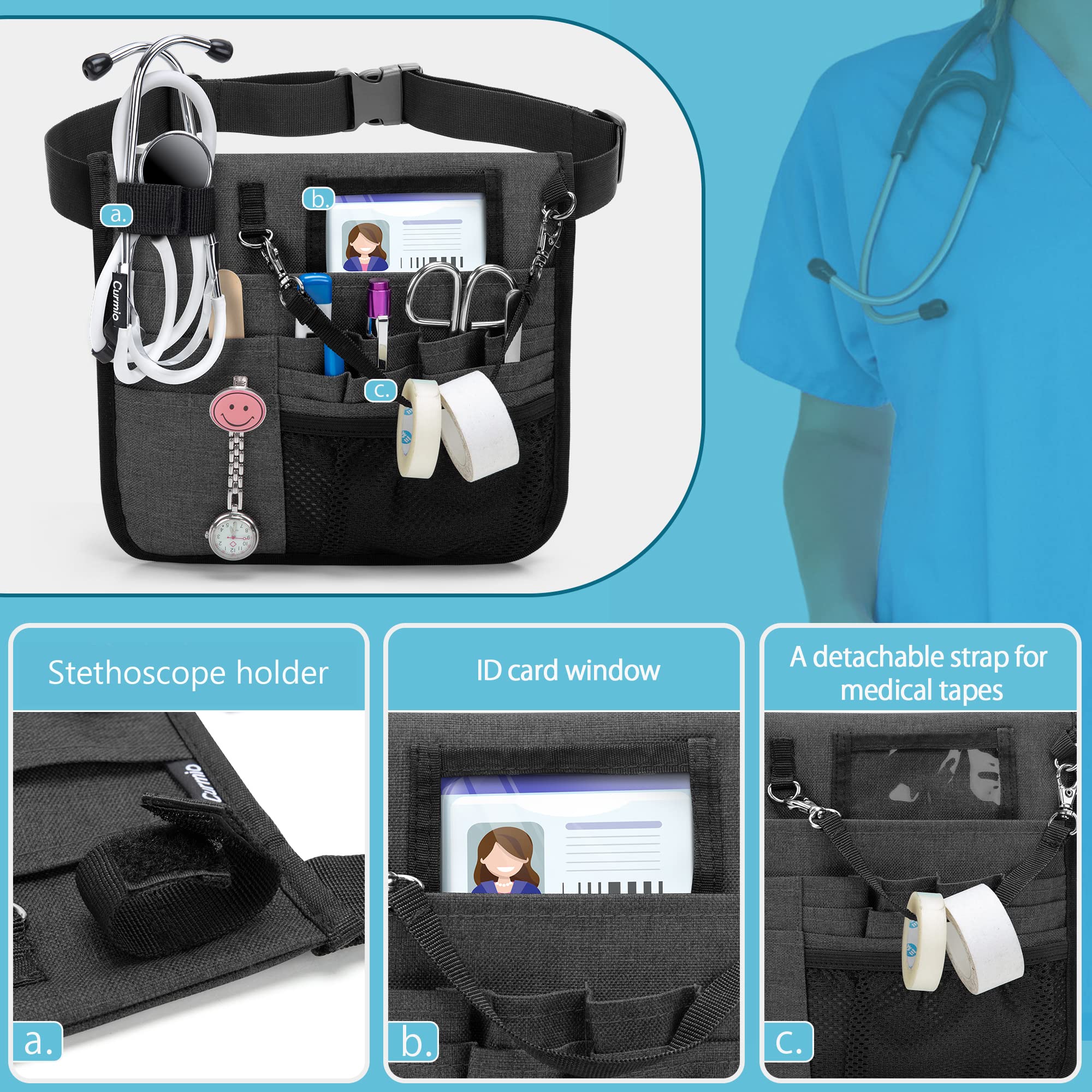 CURMIO Krankenschwestertasche, Gürteltasche für Krankenschwester, Medizinische Bauchtasche, Taillentasche mit verstellbarem Gürtel für Krankenpflege Zubehör, LEERE TASCHE, Schwarz