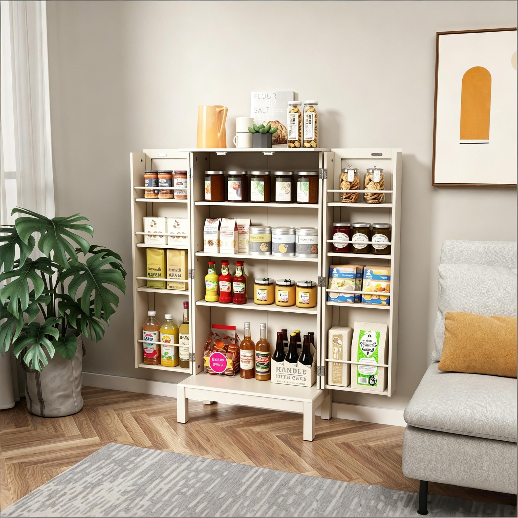 HOLTICO Dispensa da Cucina con Ripiani Regolabili, Piedini Dorati e Ante Decorate, Armadietto Autoportante per Soggiorno, Camera da Letto, Bagno, Sala Pranzo e Garage, Avorio Naturale Senza Dorature