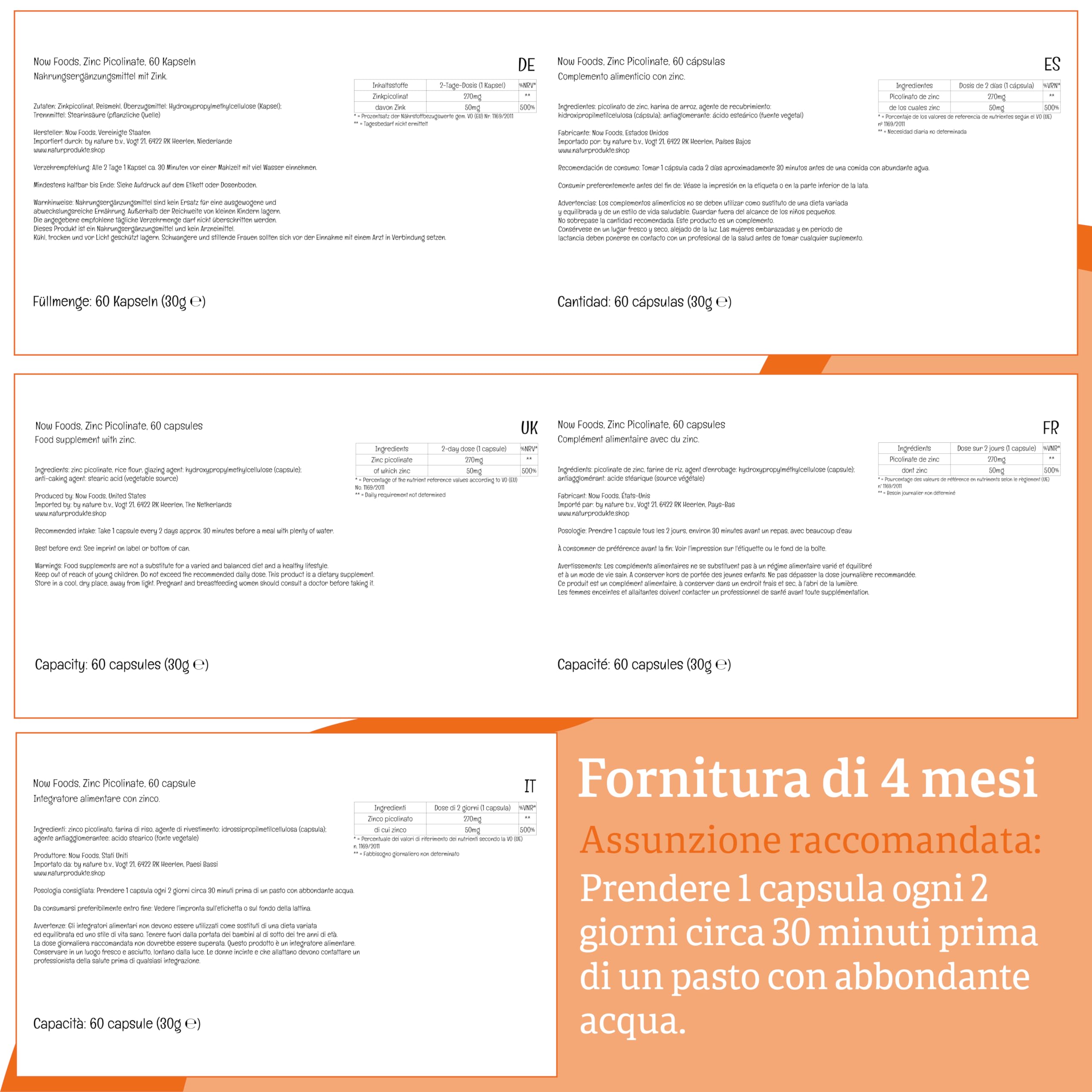 Now Foods, Zinco Picolinato, 50mg, Dose Elevata, 1 Capsula ogni 2 Giorni, 60 Capsule vegane, Testato in Laboratorio, Senza Glutine, Senza Soia, Non OGM, Vegetariano