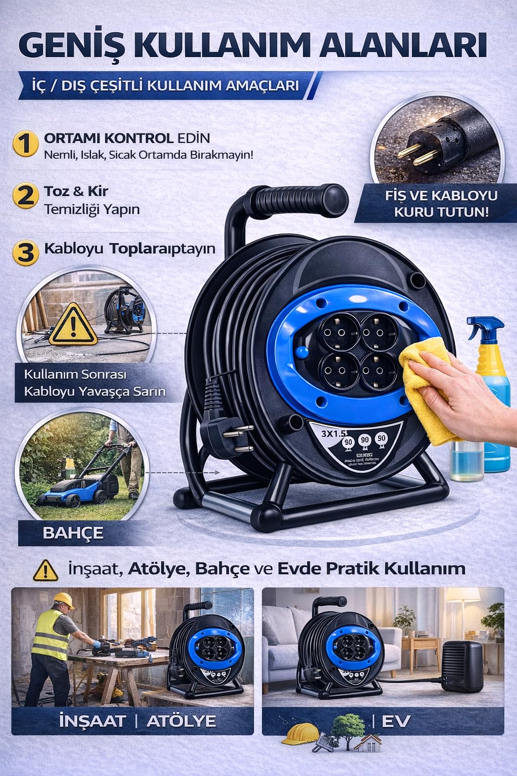 4 Prizli Seyyar Kablo Makarası, 20 Metre Uzatma Kablosu, 3x1.5 mm², Topraklı Sistem, Taşınabilir Tasarım, Dayanıklı Gövde, Ev Kullanımı, Bahçe Kullanımı, Atölye Kullanımı, Şantiye Kullanımı, Çok Amaçl