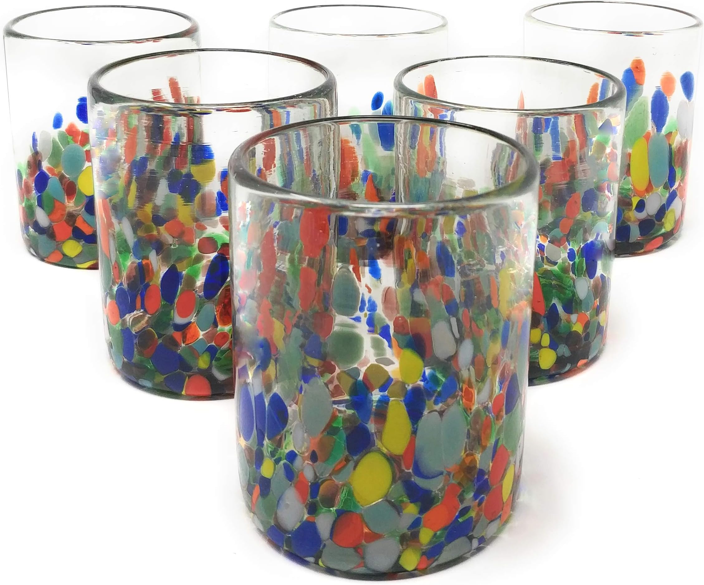 Hand Blown Mexican Drinking Glasses – Set of 6 Confetti Carmen Tumbler Glasses (10 oz each)
