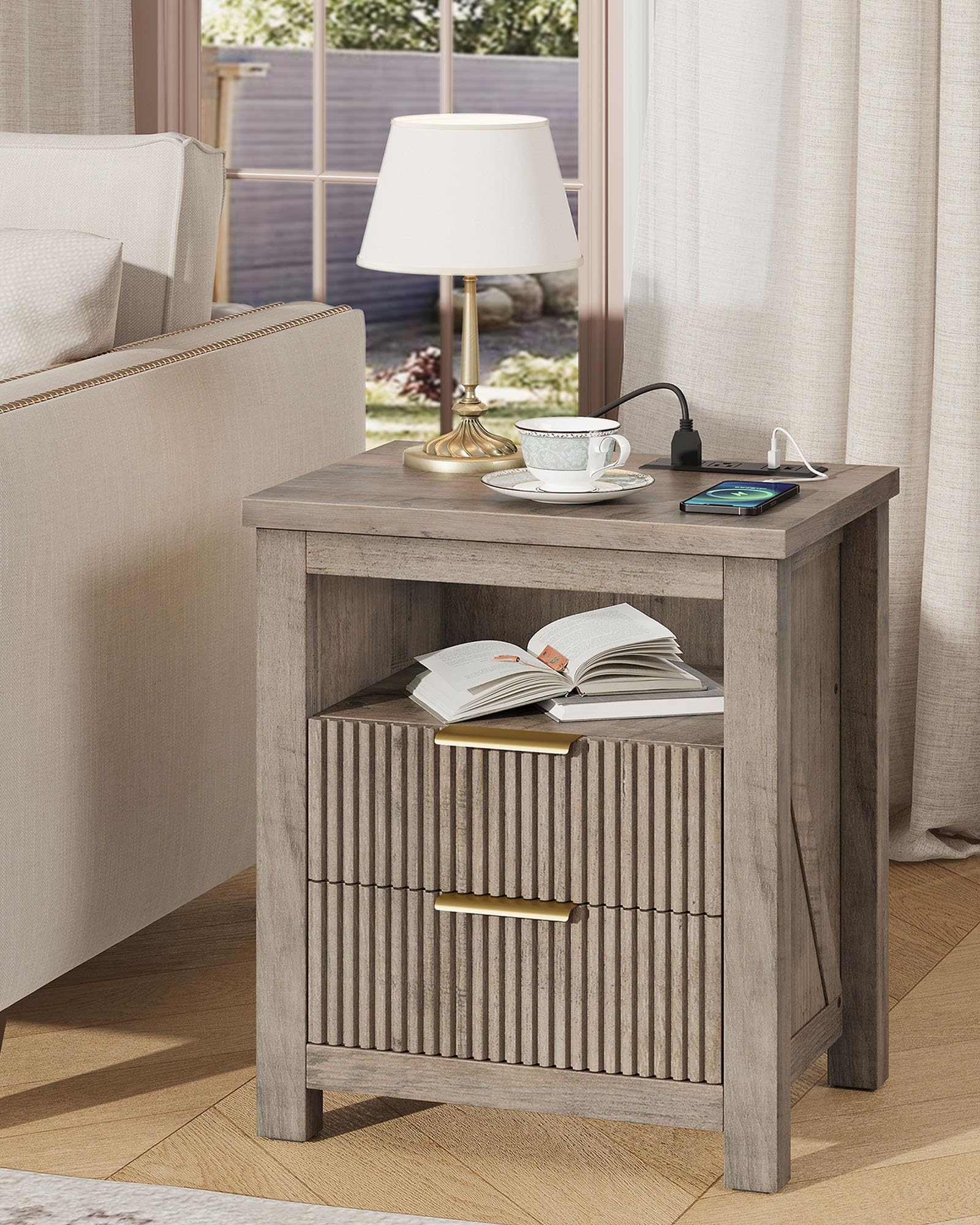 CHOEZON Nightstand with Charging Station, Fluted End Table 2 Drawers, Farmhouse Nightstands with Fluted Panel, Engineered Wood Side Table for Bedroom