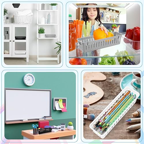 Miniatura 7 de 12 cestas de almacenamiento de plástico delgadas de color negro, blanco, gris, 10 x 3 x 2.5 pulgadas, organizador de escritorio compacto apilable