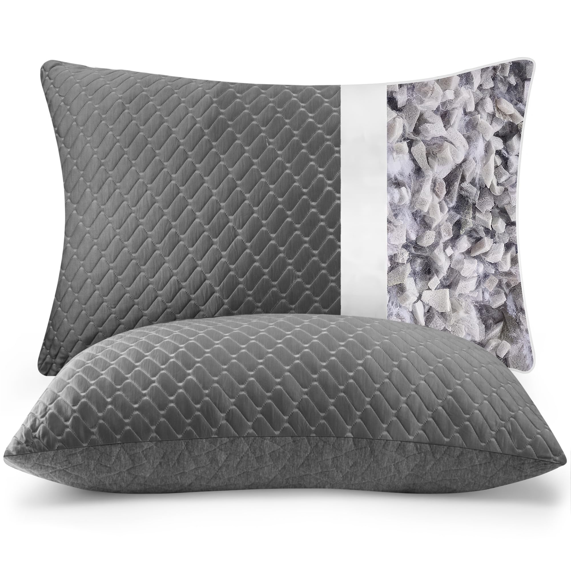memory foam pillows king size set of 2 grey color cooling pillows for sleeping 2 pack, bed pillows with adjustable shredded foam for side, back and stomach sleepers (20x36)