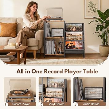 Bikoney Record Player Stand with 3-Tier Vinyl Storage for 200 LPs | Large Capacity Turntable Stand with Vinyl Display Shelf, Easy Access to LPs, Anti-Vibration Frame, Easy Assembly