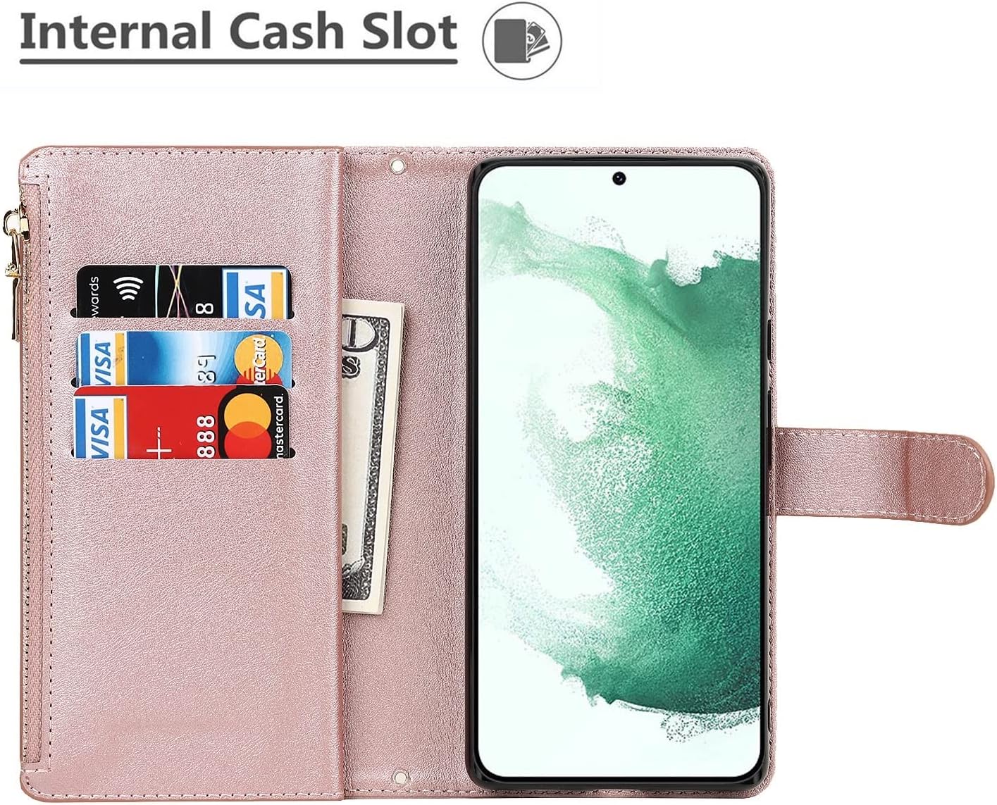 iCoverCase for Samsung Galaxy S22 Plus Wallet Case with Card Holder, Kickstand Feature PU Leather Case with Adjustable Crossbody Lanyard Magnetic Clasp Zipper Pocket Flip Cover (Rose Gold) - Image 5