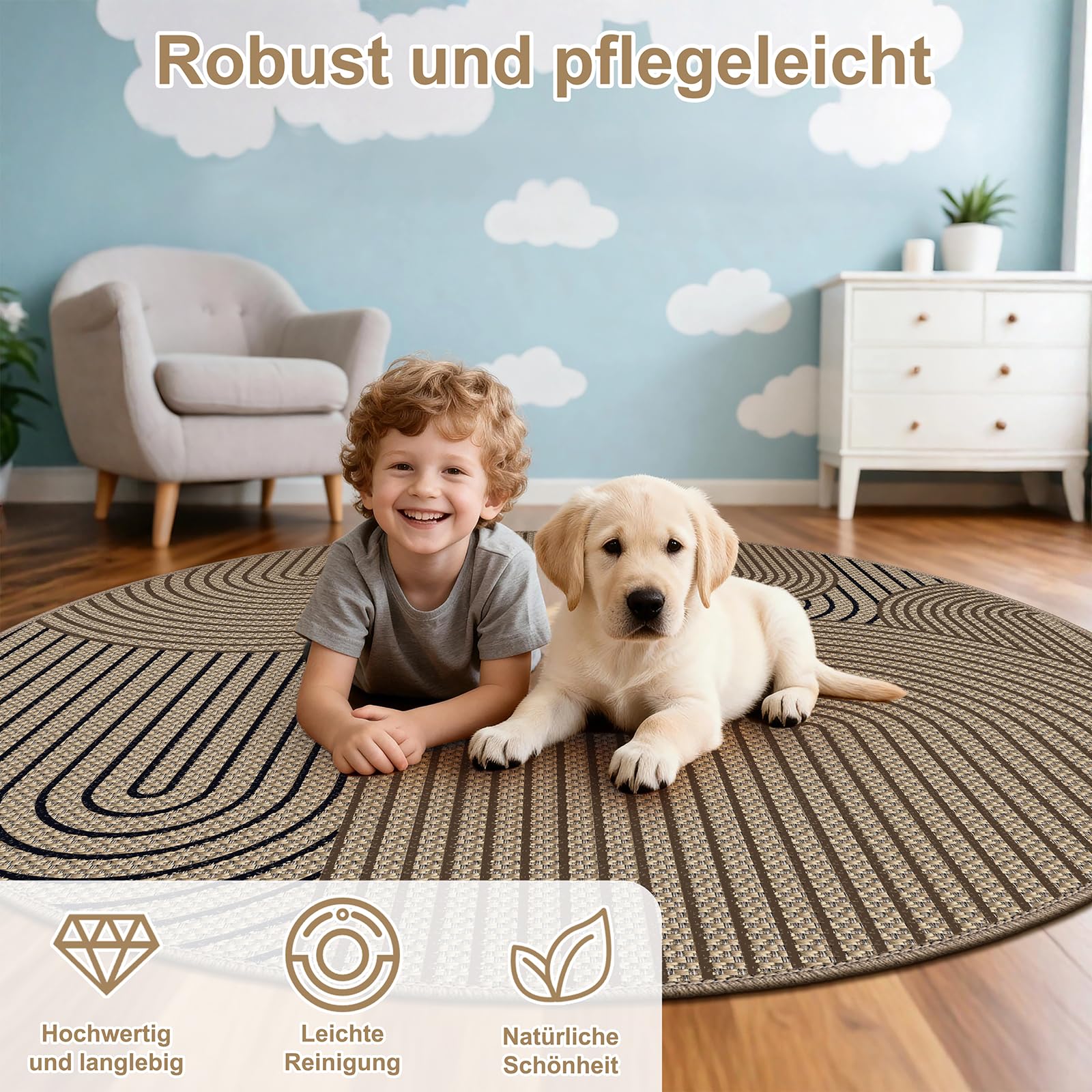 Teppich rund 160 cm, Leichter Jute Aussehen Teppich, Rutschfest Wohnzimmerteppich, Outdoor Teppich Waschbarer, Minimalistisch Boho Teppich Braun für Schlafzimmer, Wohnzimmer und Balkon