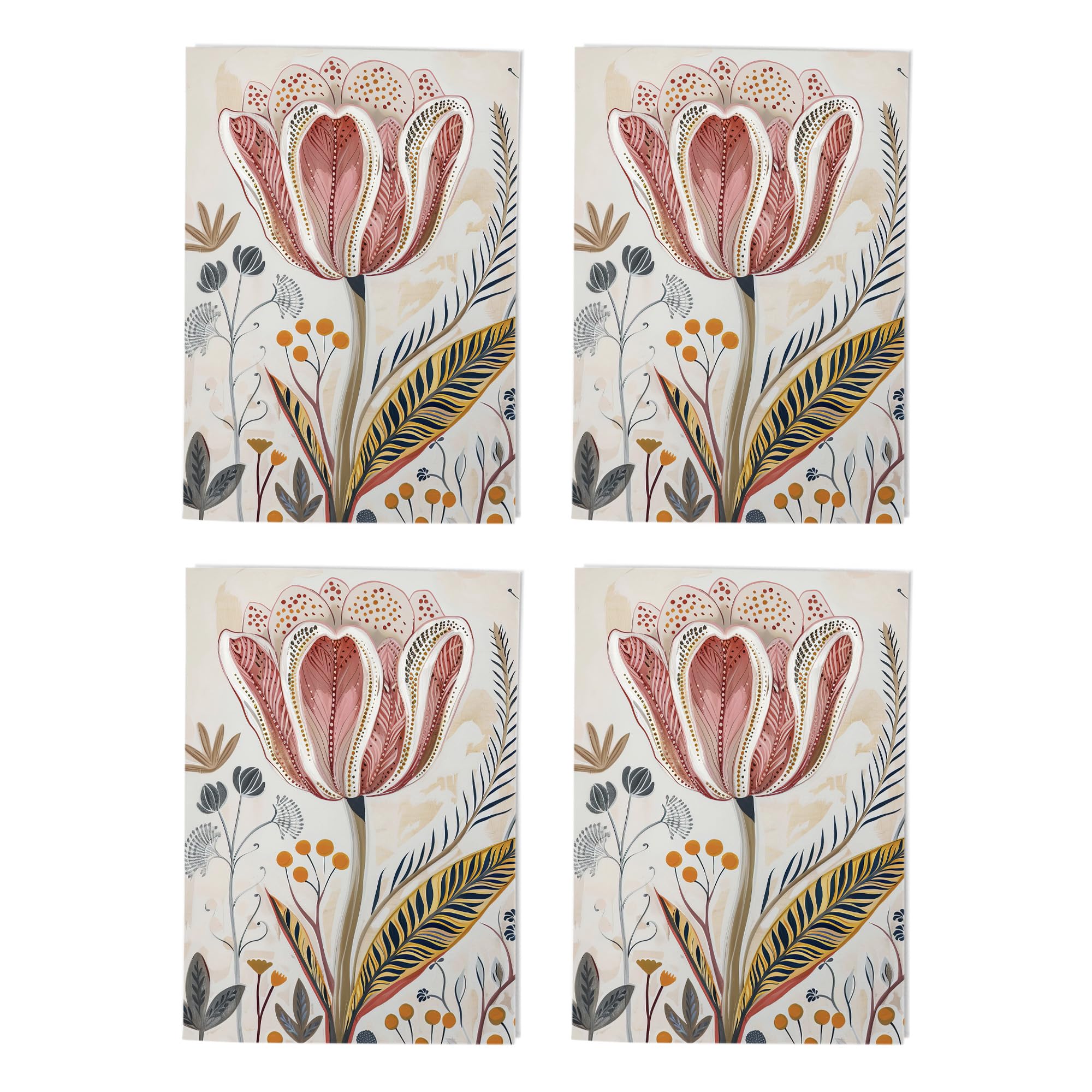 Tulip Folk Art Floral Art Cards Multipack of 4 Botanical Greeting Cards For Any Occasion Blank Inside A6 10 x 15 cm