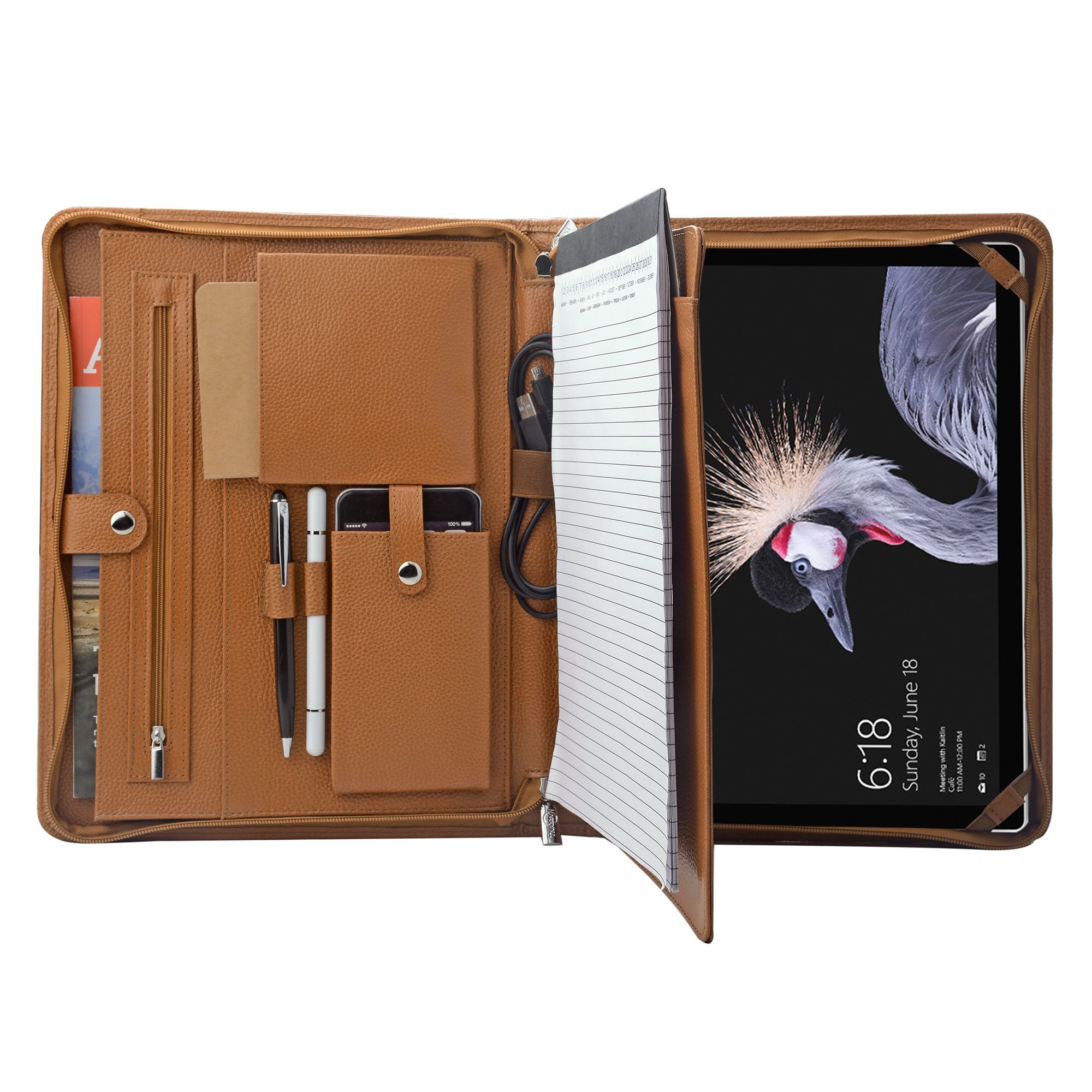 Personalize Genuine Leather Portfolio Organizer Padfolio for Surface Pro 7 / Pro 6 / Pro 5 / Pro 4, Brown