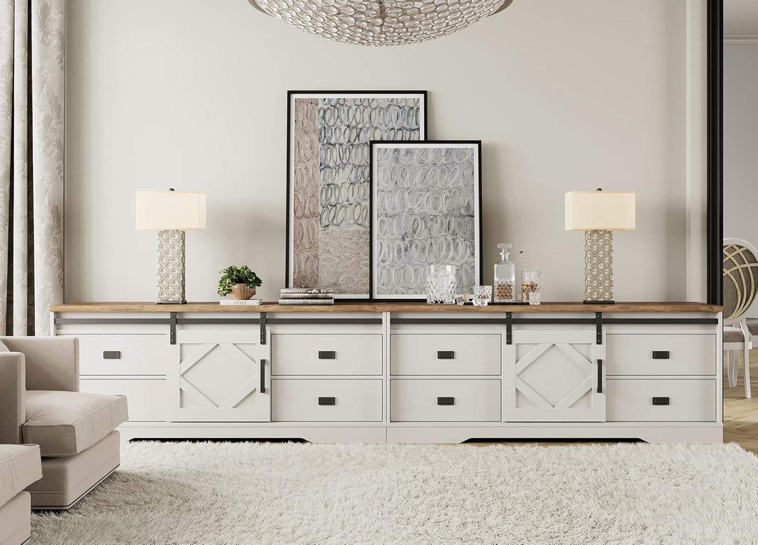 WAMPAT 118" Wide Modern Farmhouse 2 in 1 TV Stand for up to 130" TVs,Faux Bark Finish Wood Entertainment Center with 8 Drawers and Sliding Barn Doors for Living Room, Antique White