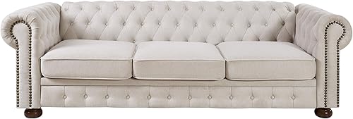 Miniatura 9 de Sofá Chesterfield clásico de 88 pulgadas, moderno sofá capitoné de 3 plazas con botones en forma de L de lujo tapizado de tela de lino para sala de