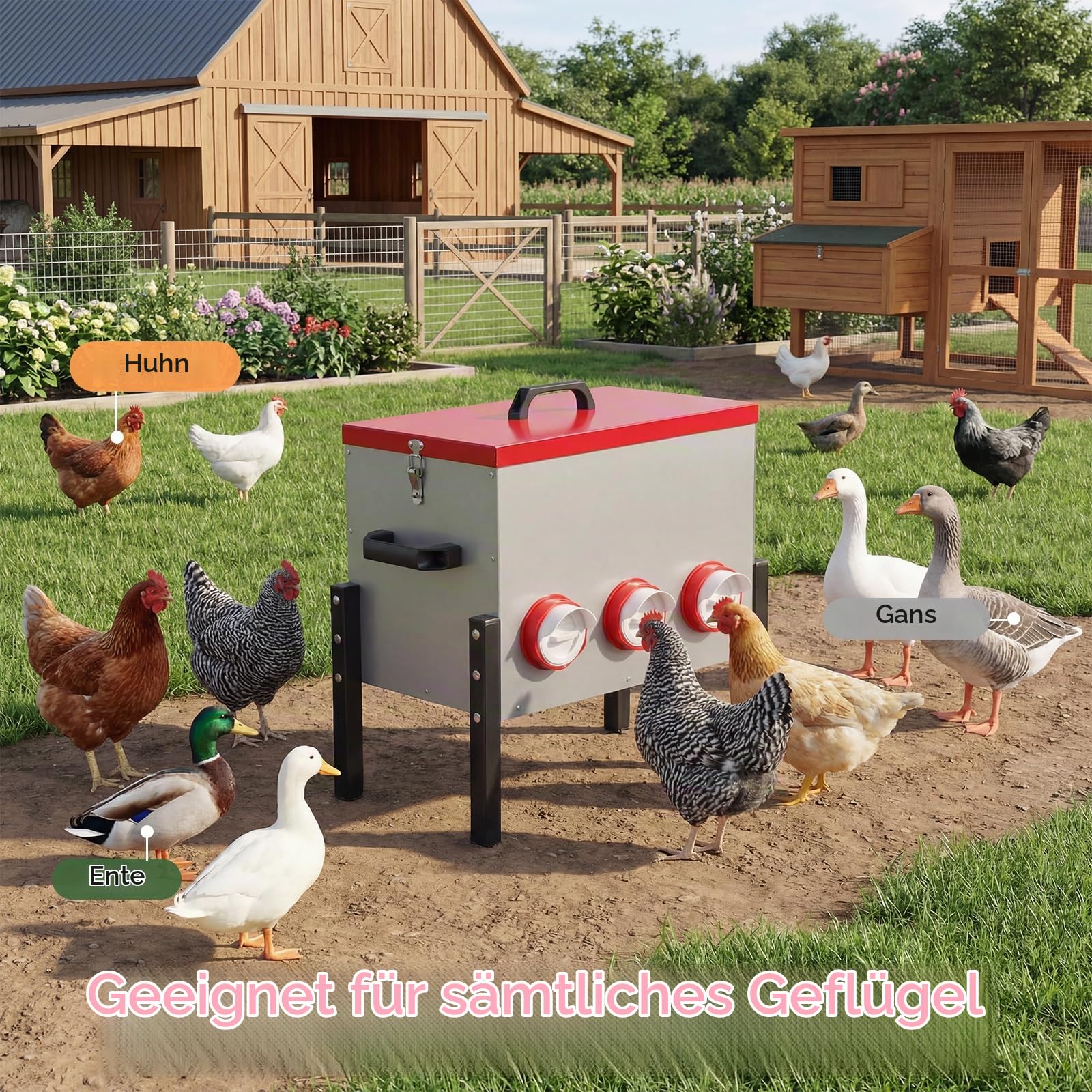 Futterautomat Hühner 15KG Großvolumiger Automatischer Hühnerfutterautomat, Hühnerfutter Automat mit 6 Löchern aus Metall, Futterspender für Hühner, Enten & Gänsen, für Stall/Hof/Garten