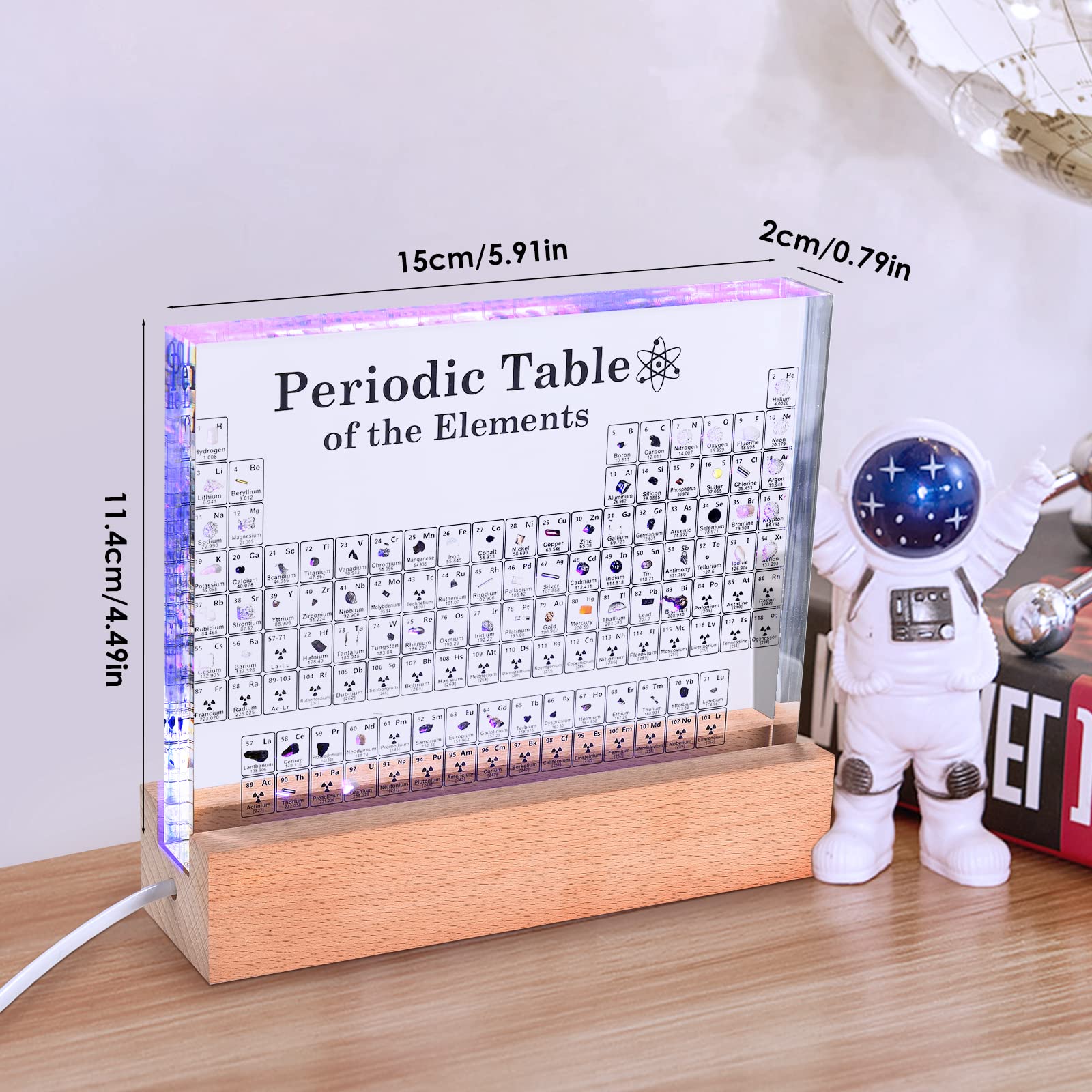 Tabla Periódica con 83 Elementos Reales en Acrílico con 7 Color Lámpara LED - Exhibición de Elementos Químicos y Enseñanza - Regalo Perfecta para Estudiantes y Entusiastas de la Química