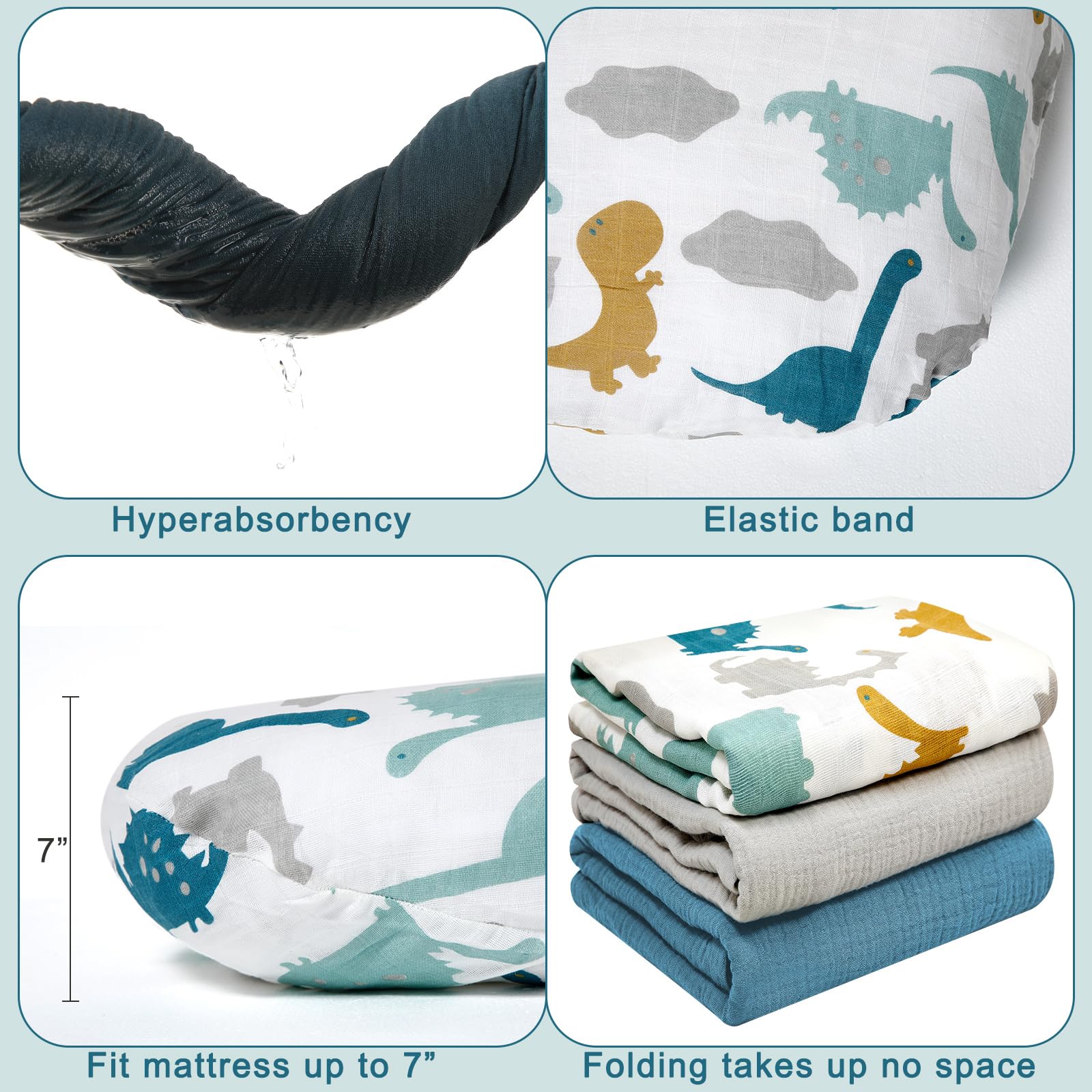 Newwiee 3 fundas de muselina para bebé, de algodón orgánico, extraíbles, para recién nacidos, suaves y transpirables, para bebés y niñas (azul, gris, blanco, dinosaurio)