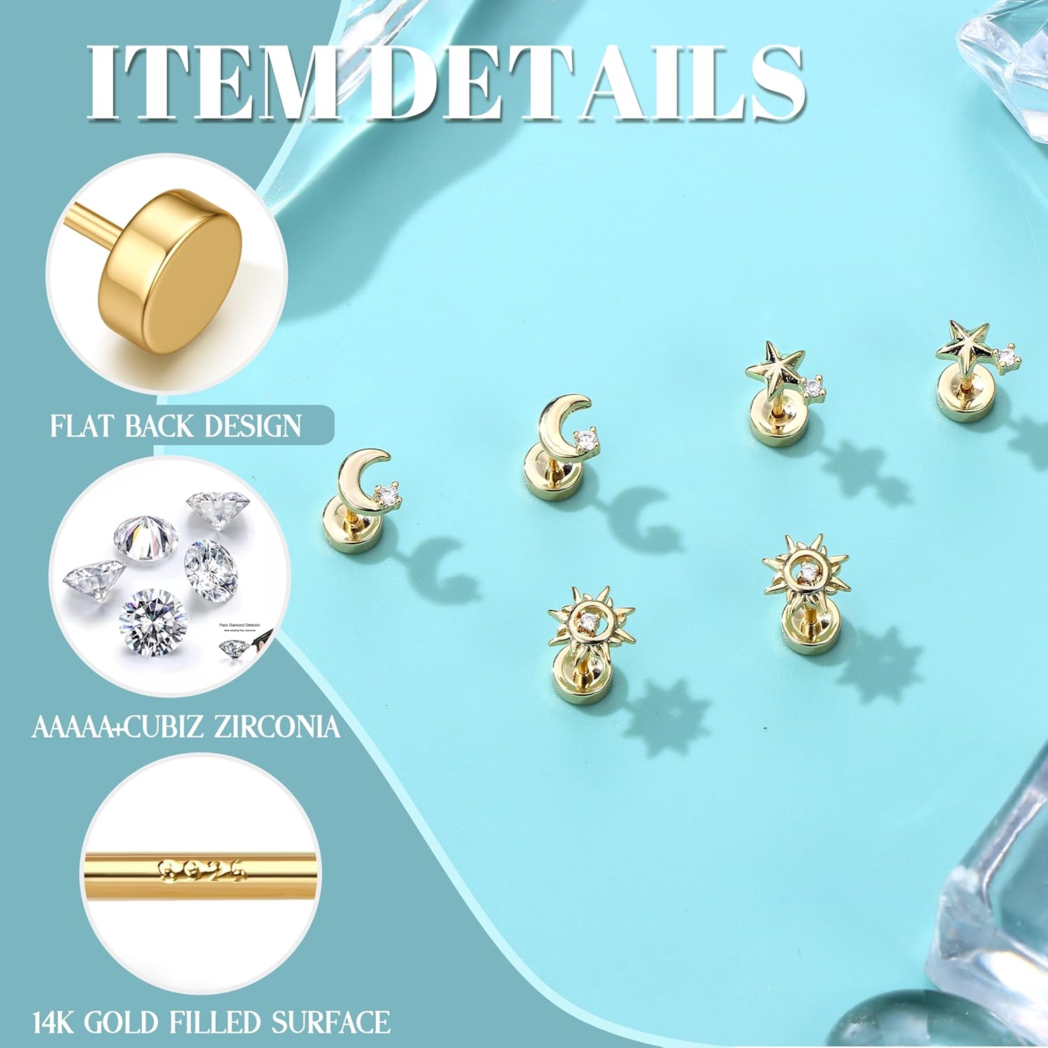 Dochais Flat Back Stud Earrings for Women and Men, Hypoallergenic 14k Gold Plated 925 Sterling Silver Post Stud Earrings Set, Gold and Silver Earrings with Screw for Sensitive Ears, Ideal for Helix, Tragus, and Cartilage Piercings - Image 2