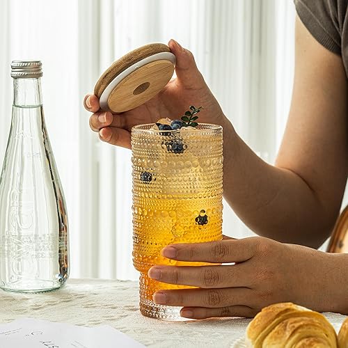 Miniatura 7 de Juego de 4 vasos altos románticos para beber, cristalería con cuentas, juego de vasos de 16 oz con tapas de bambú, popotes, cepillo, juego de