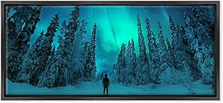 Quadro PANORAMICO su Tela Canvas INTELAIATO - con Cornice - Aurora Boreale Astrale - Cielo Notturno - Polo Nord Sud Lapponia - Natura Paesaggio Panorama - 40x100cm - Stile Moderno Nero - (cod.4843)