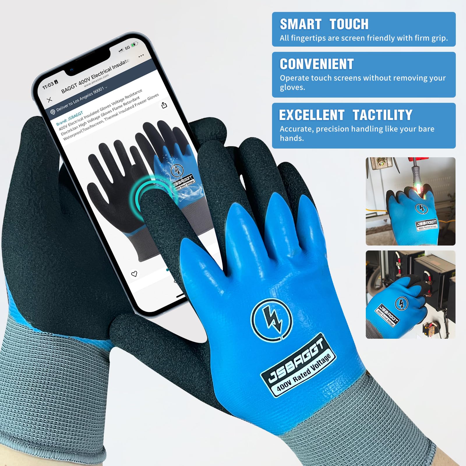 Guantes aislados para electricista de 400 V, resistentes a alto voltaje, ignífugos, totalmente impermeables y microespuma, agarre antideslizante mejorado para trabajo eléctrico (azul, 1